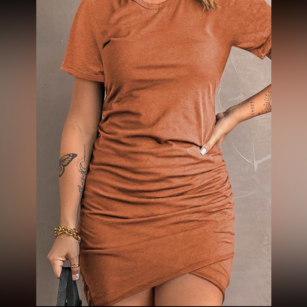 Boho Solid Ruched Hem Bodycon Dress - Picture 4 of 5